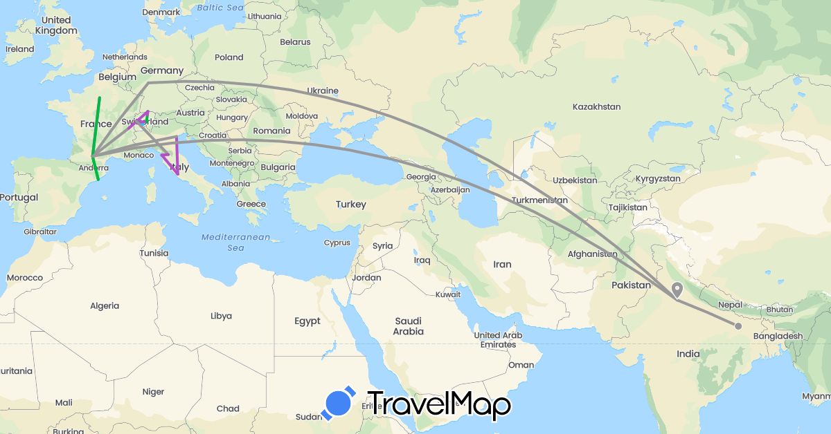 TravelMap itinerary: bus, plane, train, boat in Switzerland, Spain, France, India, Italy (Asia, Europe)